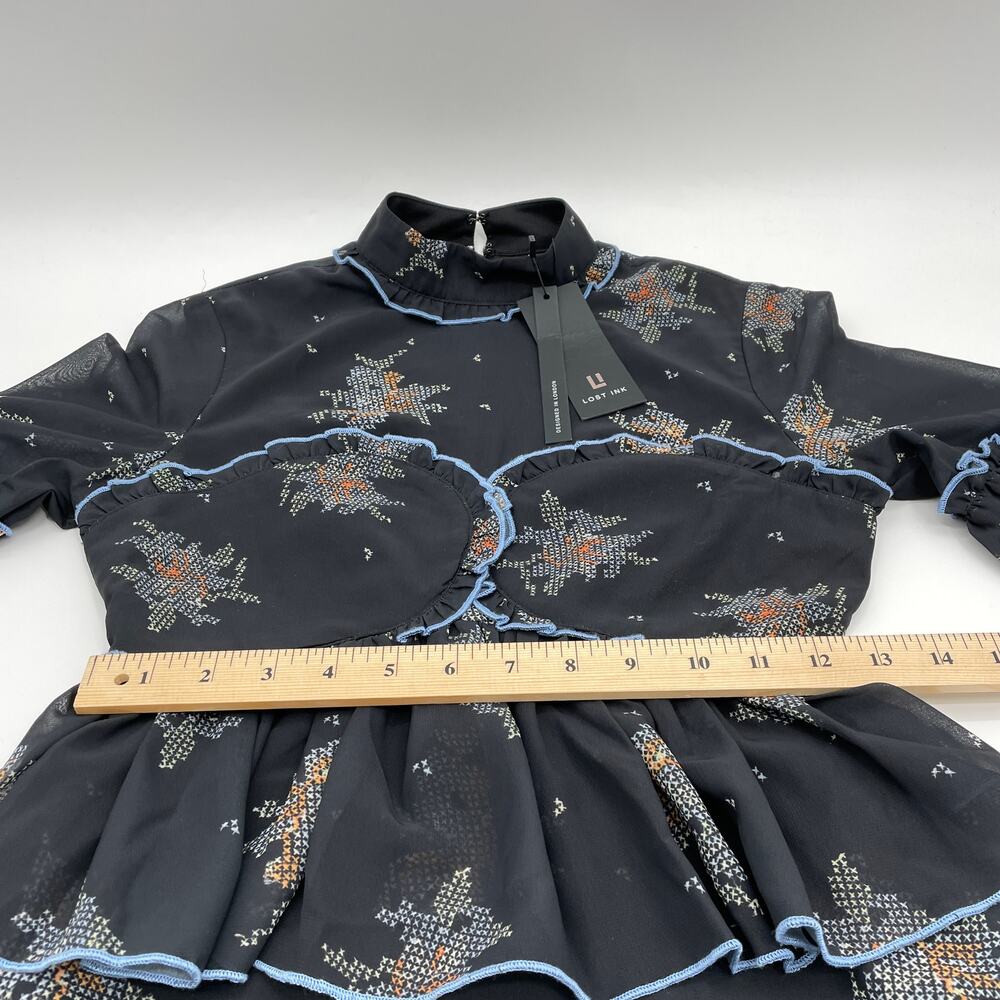 New LOST INK Patterned Ruffle Bell Sleeve Chiffon Dress Womens Sz XXS - Picture 6 of 7